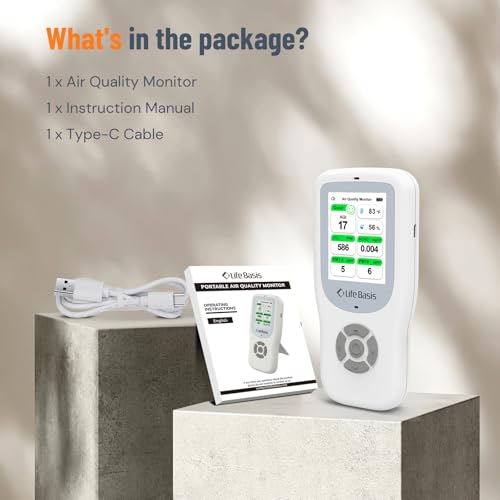 10 in 1 Indoor Air Quality Measurement Devices, LifeBasis CO2 Detector, AQI, PM1.0, PM2.5, PM10, TVOC, HCHO, Particles, Temperature and Humidity for Home, Office, School