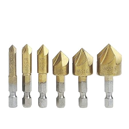 Generic 6Pc 5 Flute Countersink Drill Bit Set 90 degree Counter Sink Chamfer Cutter 1/4" Shank -Y103