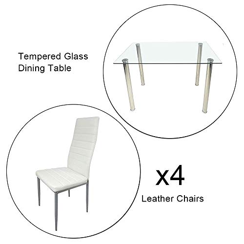 JOYBASE 5 Piece Dining Table Set, Tempered Glass Top Table with 4 Leather Chairs, Kitchen Dining Room Furniture, White