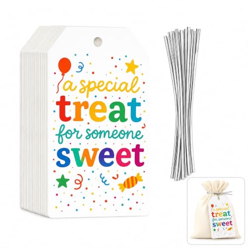 JNSVIEA Birthday Treat Bag Gift Tags: 40 Pre-Punched Tags with Ties at Amazon