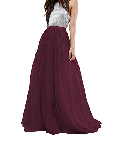 Women Wedding Long Tulle Skirt Dress Bridal Bridesmaids Floor Length High Waisted Maxi Tutu Party Dress (Burgundy, Medium)