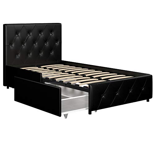 DHP Dakota Upholstered Platform Bed with Storage Drawers, Black Faux Leather, Twin