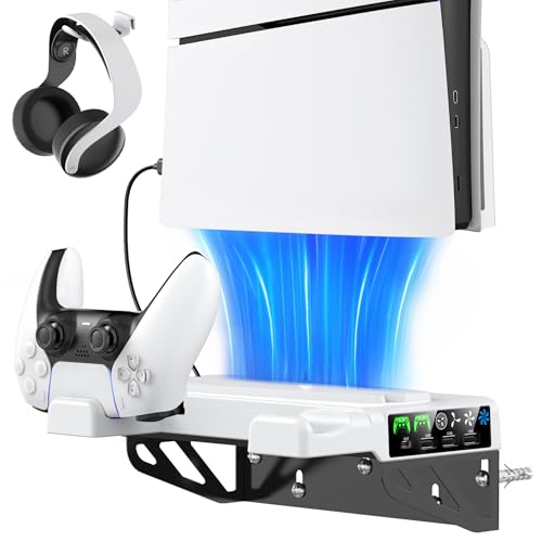 Tokluck PS5/PS5 Slim/PS5 Pro Wandhalterung mit 3 stufig Lüfter und PS5 Controller Ladestation, PS5 Halterung Wand mit Headset Halter/PS5 Lüfter, PS5/S