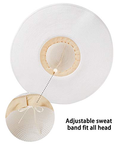 Women Straw Sun Beach Hat - White Large Wide Brim Floppy Face Sunhat Foldable for Summer UV Protection