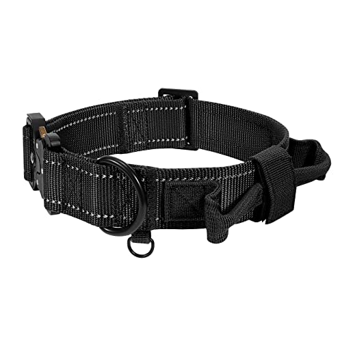 Wide Military Dog Collar with Control Handle Adjustable Quickly Release Metal Buckle Nylon K9 Dog Collar Heavy Duty Training Reflective Collar for Medium Large Dog Pet by WHIPPY, Black, L