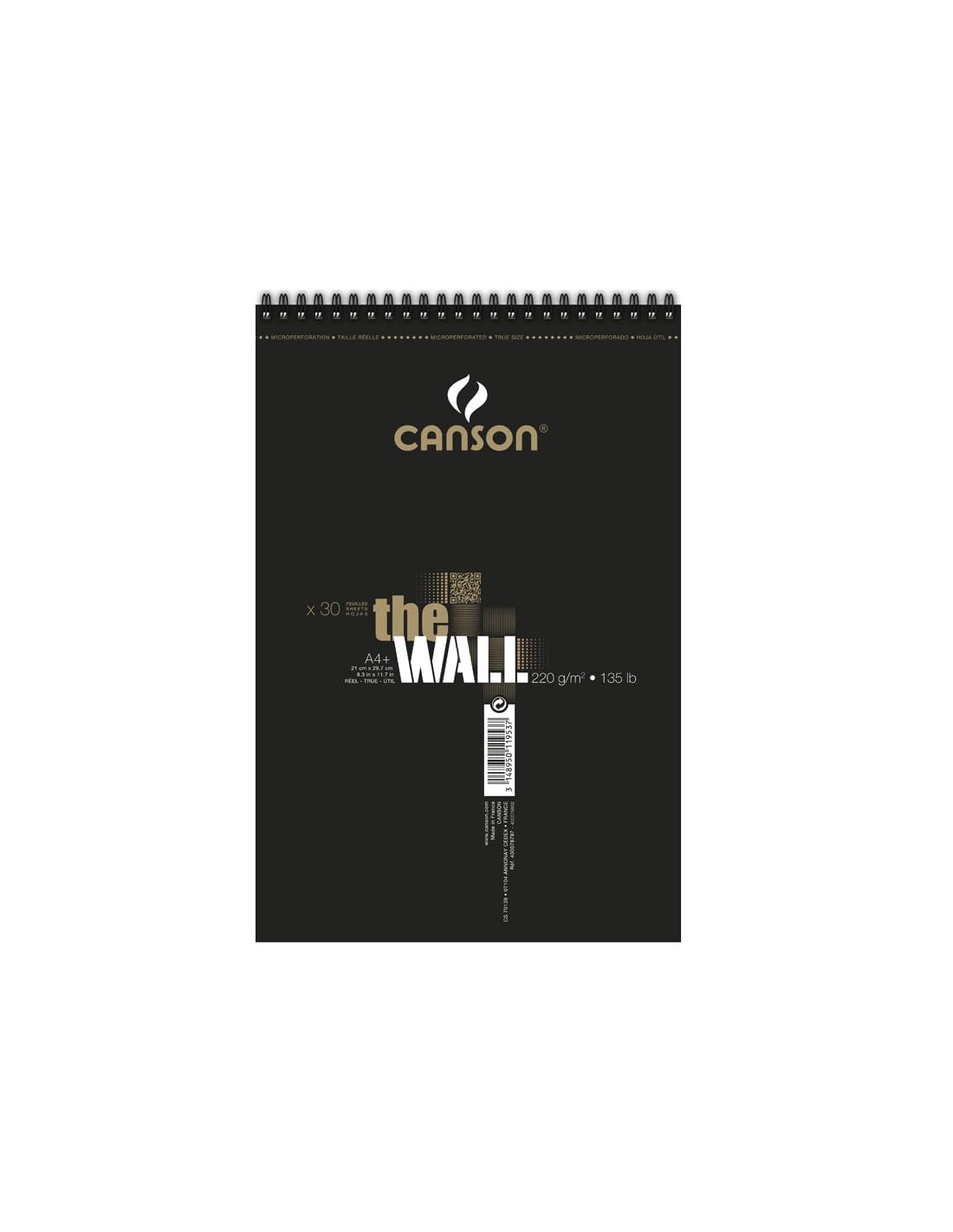 CANSON The Wall Marker 200gsm A4 Paper, Extra Smooth, Spiral Pad Short Side, 30 White Sheets, For Professional Artists & Illustrators