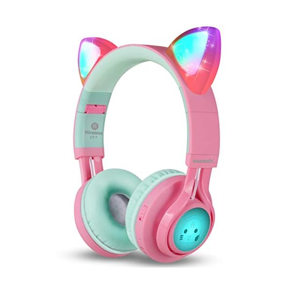 Riwbox Bluetooth Headphones, CT-7 Cat Ear LED Light Up Wireless Foldable Headphones Over Ear with Microphone and Volume…