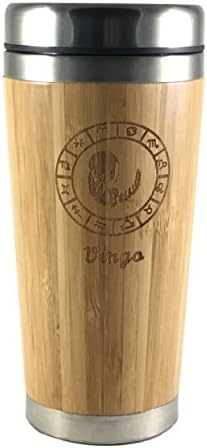 The Zodiac Mug | Premium insulated travel mug for Coffee & Tea | Natural bamboo and Stainless Steel | 15.2 oz.(450ml) | Spill Proof Lid | Slip resilient base | Wooden engraving (Virgo)