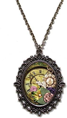 Art Steampunk Clock Time Pendant Necklace on Chain
