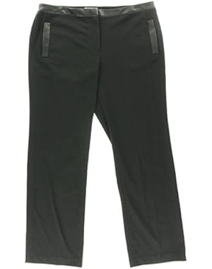 Calvin Klein Womens Faux Leather Triim Flat Front Straight Leg Pants