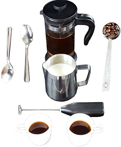 IKEA Espresso, Coffee &amp; Tea French Press Gift Set Bundle: Includes French Press, Stainless Steel Steamed Milk Pitcher, Handheld Electric Milk Frother, Espresso Cups and Spoons, Measuring Spoon