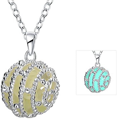 The November Nocturne Fashion Luminous Hollow Round Ball Shape Pendant Silver Plated Necklace Cyan Color