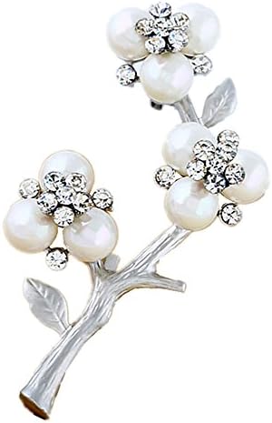 Imitation Pearls Plum Flower Crystal Peals Brooches for Women Suit Dress Accessories (White)
