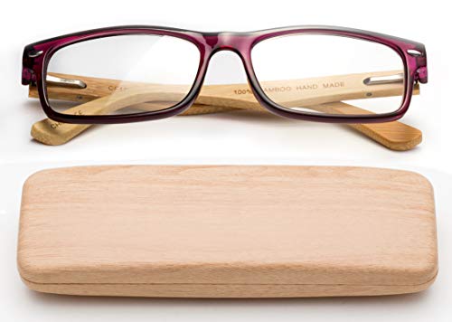 Real Bamboo Reading Glasses Spring Hinge Genuine Bamboo Rectangular Reader w/Case