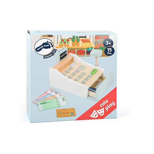 Small Foot Spielkasse aus Holz, inkl. Scanner, Kartenlesegerät, Spielgeld und Kreditkarten, Mehrfarbig, 11099 Spielzeug – Bild 5
