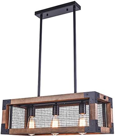 OYI Wooden Chandelier Light Ceiling Pendant Light Fixture 3 E27 Light Socket Rectangular Iron Shade for Kitchen Island Dining Room Restaurant
