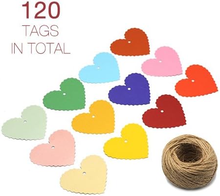 ZapFirst 120 PCs Heart-Shaped Gift Tags with Free 120 Feet Hemp Rope (Assorted colors)