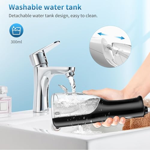 Cordless Oral Irrigator - 4 Modes Water Flosser for Teeth Cleaning, 300ML Reservoir, 360° Nozzle, IPX7 Waterproof, 2000mAh Rechargeable Battery, 4 Jet Tips, Smart Memory Function (M149 - Black)
