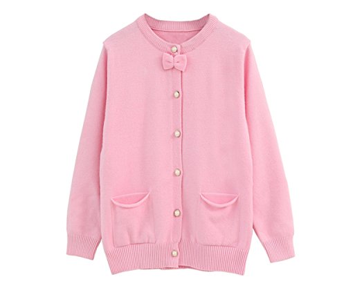 SMILING PINKER Little Girls Crewneck Cardigans Solid Bow Knit Sweaters Button Long Sleeves Coats Outwear (5-6t, pink)