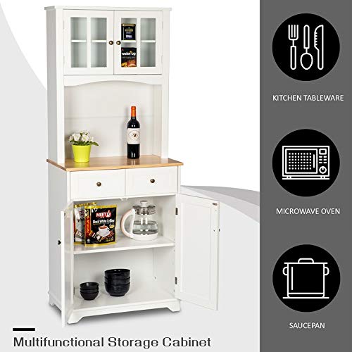 Amooly Buffet Hutch Standing Kitchen Cabinet with Top & Bottom Enclosed,Glass Doors,2 Drawers and Large Open Space for Microwave,White