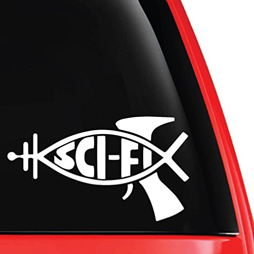 Sci-Fi Ray Gun Fish Parody Decal Vinyl Car Laptop Sticker - EvolveFISH - White 5" x 3"
