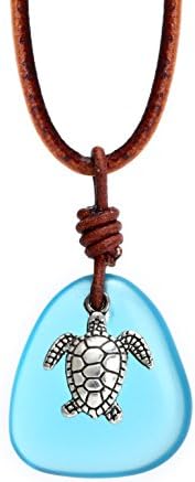 Sea Turtle Necklace Sea Glass Water Drop Pendant Necklace for Women Turquoise Leather Choker Handmade Jewelry