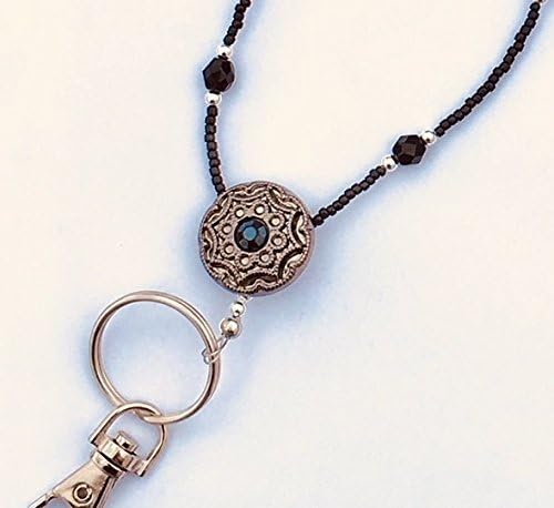 Beaded Lanyard Bage ID Holder~Rhinestone Sparkle~Black/Grey/Silver