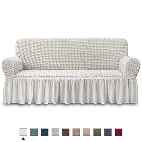 NICEEC Sofa Slipcover Ivory Sofa Cover 1 Piece Easy Fitted Sofa Couch Cover Universal High Stretch Durable Furniture Protector with Skirt Country Style (3 Seater Ivory)