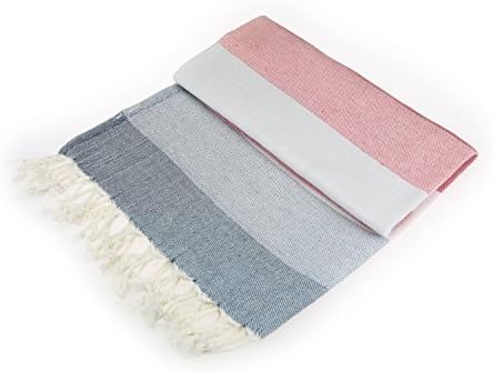 100% Cotton Pestemal (Peshtemal) Turkish Bath Towel - 39.5 X 68" (Grey / Light Grey / Pink)