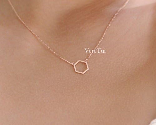 Minimal Honeycomb Hexagon Geometric Pink Rose Gold Necklace