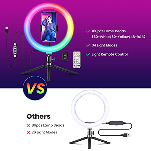 10.2” RGB Selfie Ring Light with Tripod Stand, 43 Light Modes LED Phone Ringlight with Phone Holder & Light Remote Control & Selfie Shutter for YouTube TikTok Photography Makeup Live Stream
