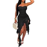 HNMYCY Women's Strapless Tube Bodycon Dress Asymmetrical Irregular Hem Club Maxi Dress