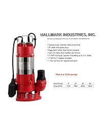 Hallmark Industries MA0387X 9 Bomba de Alcantarillado, Acero Inoxidable, 1Hp, 115 V, con Interruptor de Flotación, 7250 GPH 49' Elevación, Cable de 20'', Heavy Duty, Máxima Tasa de Flujo, Acero Inoxidable