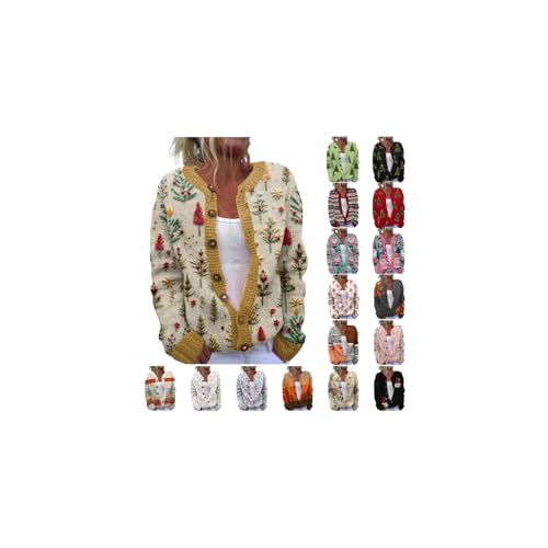 Womens Cardigan Christmas Cardigans for Women UK Funny Xmas Tree Print Button Up Jumpers Open Front Warm Comfy Vintage Knitted Sweaters Lightweight Fall Outfits Women's Fashion Clothes (G-Yellow, L)