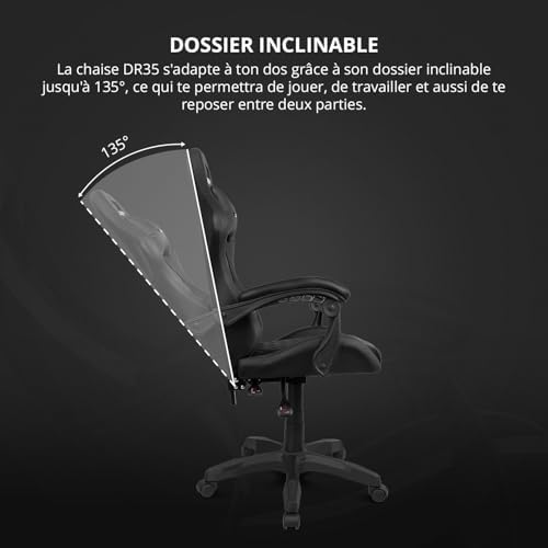 DR35 - Chaise Professionnelle, Similicuir, Accoudoirs rembourrés, Piston Classe 3, Base en Nylon renforcé, Siège inclinable, Hauteur réglable, Coussin Lombaire/Cervical, Noir