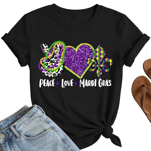 Peace Love Mardi Gras Shirts Women: Fat Tuesday Carnival Tee New Orleans Party Tops Black