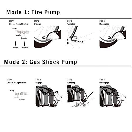 Beto 2 in 1 Shock Tire 2-Stage Mini Pump, High Pressure 300 Psi / 21 Bar for Presta, Schrader Mountain Bike Road Bicycle- Mounting Bracket Included - Thumbnail 5