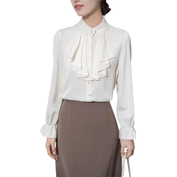 UIOKLMJH Women's White Casual Blouse – Asymmetric Hem, Ruffled Wrist Sleeves, Loose Fit Button-Down Shirt