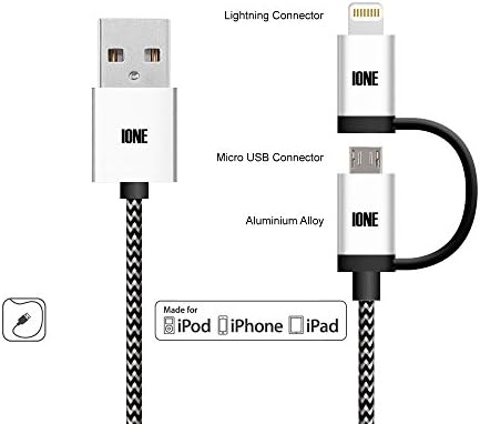 IONE 2 In 1 Android Micro USB / Apple IOS Lightning 8pin with USB / Micro USB OTG Braided Charging Data Cable. Turn Your Phone Into A Power Bank. For Apple ios &amp; Android Device WHITEBLACK