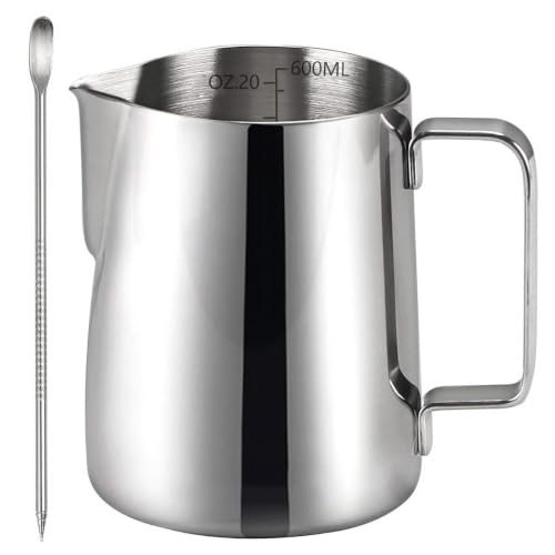 MXHIGO Jarra para Espumar Leche con Línea de Escala Interior y Latte Pen, 600ml/20oz Taza Jarra de Vapor Exprés de Acero Inoxidable, Perfecta para Cafetera Espresso, Barista, Latte, Capuchino, Café