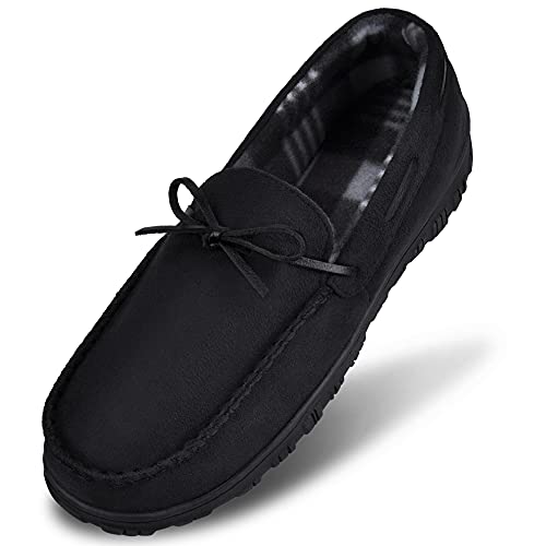 festooning Mens Slippers House Shoes with Memory Foam Moccasin Slipper for Men with Non-Skid Rubber Sole Indoor/Outdoor Black 11 M US