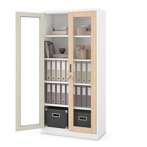 Jan Nowak Metal Cabinet with Display Cabinet Lockable 185 x 90 x 40 cm Filing Cabinet Office Cabinet Display Cabinet Glass Cabinet Steel Cabinet with Glass Doors 4 Shelves Three-Point Lock