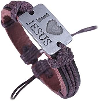 Handmade I love Jesus charm geuine Brown Leather Bracelet Unisex Wristband Cuff