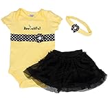 Baby House Baby Girl 3Pcs Bee Dot Flower Yellow Romper&Hairband+Black Yarn Skirt