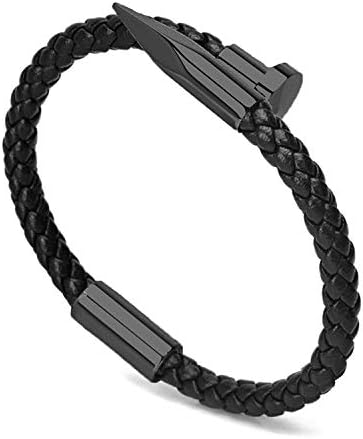 Braided Leather Nail Bracelet for Men Women Stainless Steel Charm Cuff Wristband Bangle with Magnetic Clasp