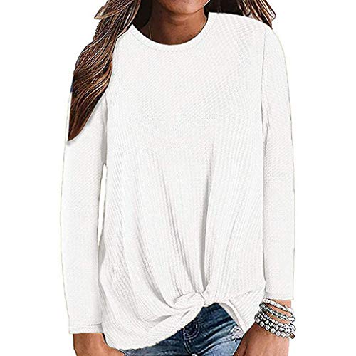 Long Sleeve Shirts for Women,Knot Waffle Knit Tunic Blouse Cute Shirts Tops (M, White)
