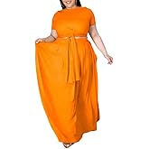 Ophestin Womens Plus Size 2 Piece Dress Outfits Solid Color Crop Top Maxi Skirts Set