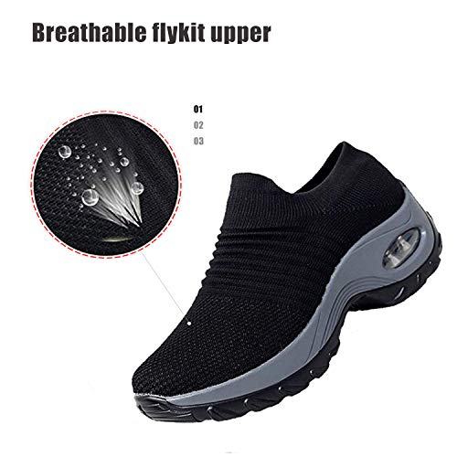 EXEBLUE Women Mesh Walking Shoes Slip on Breathable Fashion Sneakers Comfort Wedge Platform Loafers Black