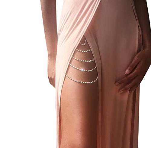 Women Sexy Bohemia Rhinestones Multi Layers Leg Thigh Chain Shiny Jewelry Beach Body Chain (Sliver Color 2)