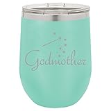 12 oz Double Wall Vacuum Insulated Stainless Steel Stemless Wine Tumbler Glass Coffee Travel Mug With Lid Godmother (Teal)